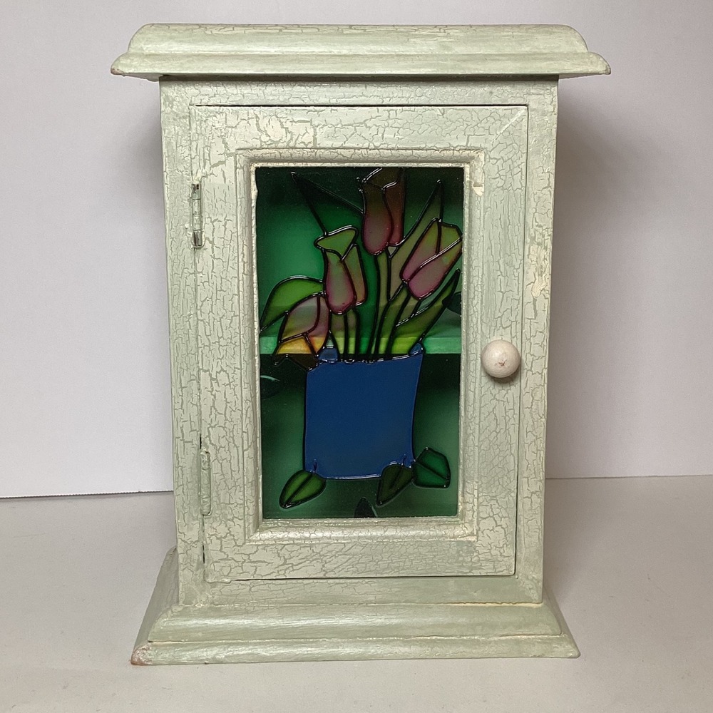 Vintage Style Sage Green Crackle Wood Cabinet Stained Glass Tulip Floral Door